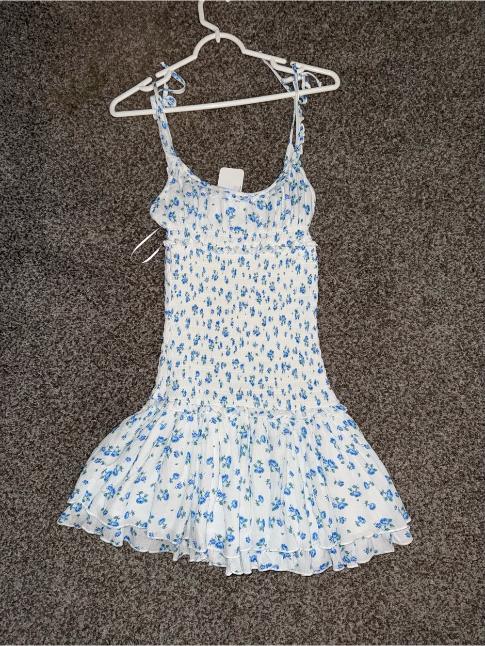 Women’s White Floral Smocked Sundress with Blue Print